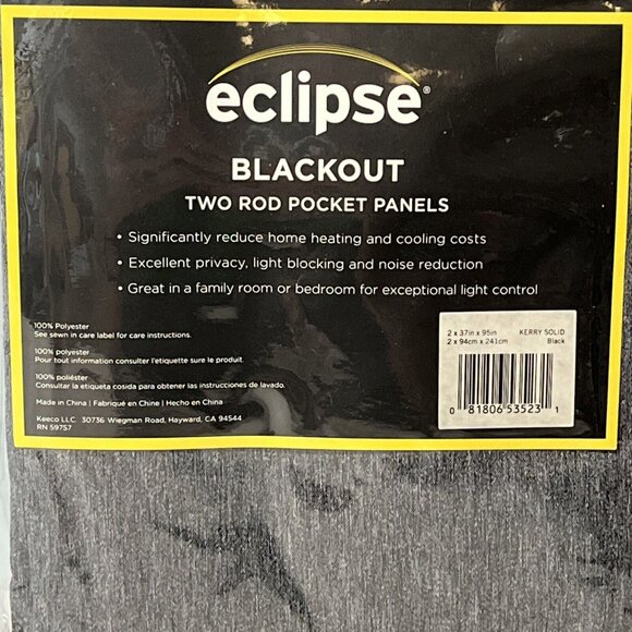 Eclipse Blackout Curtain Black Two Rod Pocket 2 Panels Kerry Solid 37"x95"‎ - Picture 3 of 10